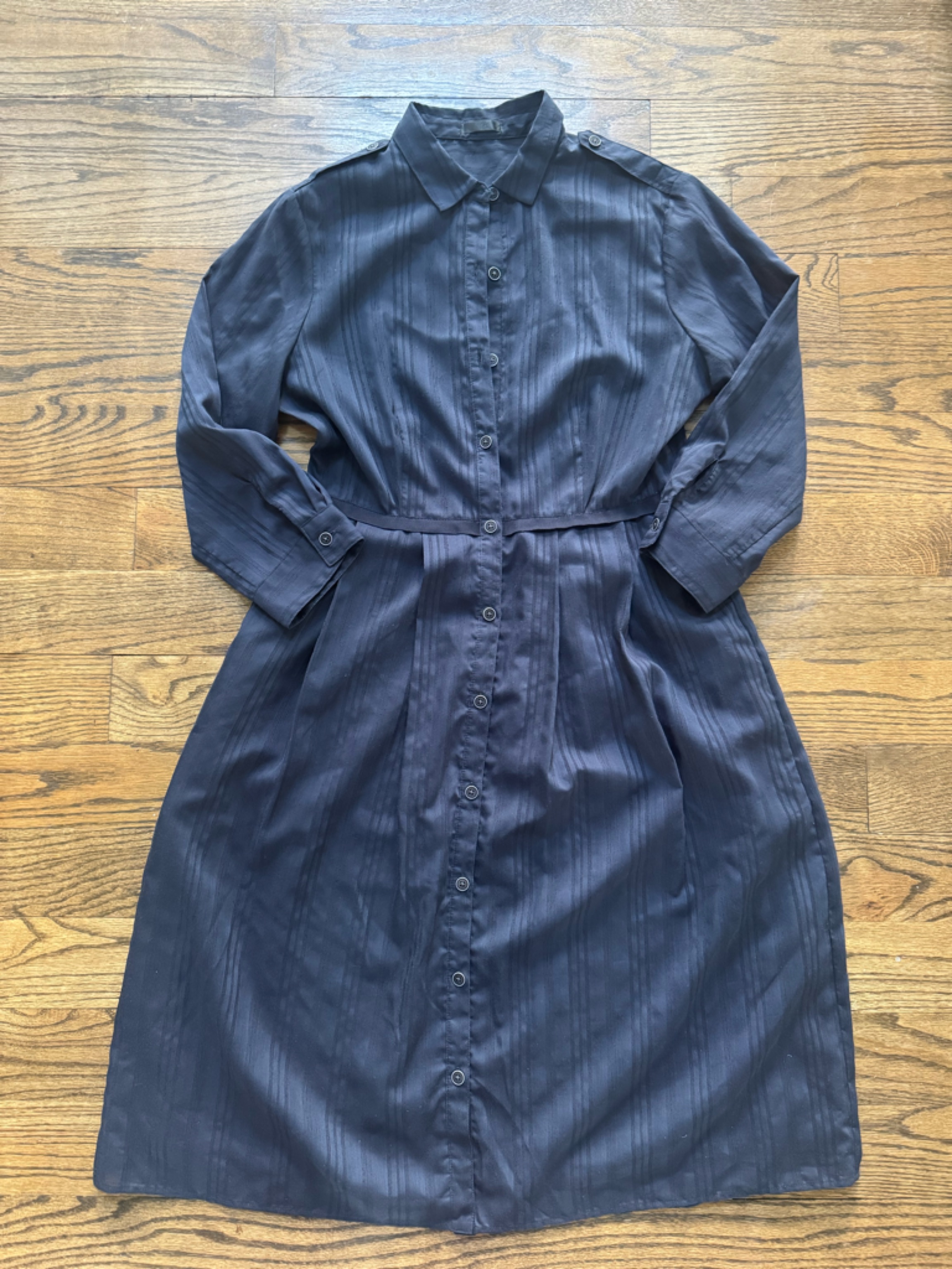 Atm Satin Stripe Shirt Dress Navy Blue Belted Button Front Midi Medium